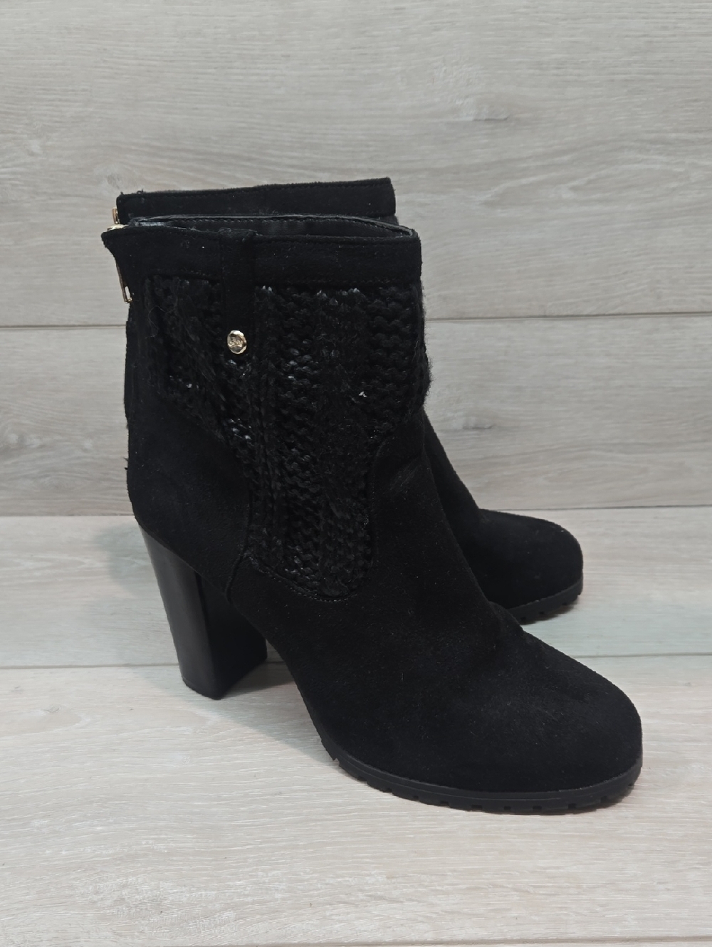 Juicy Couture Women Black Textile Knit Accent Ankle Heels Boots Sz 10M